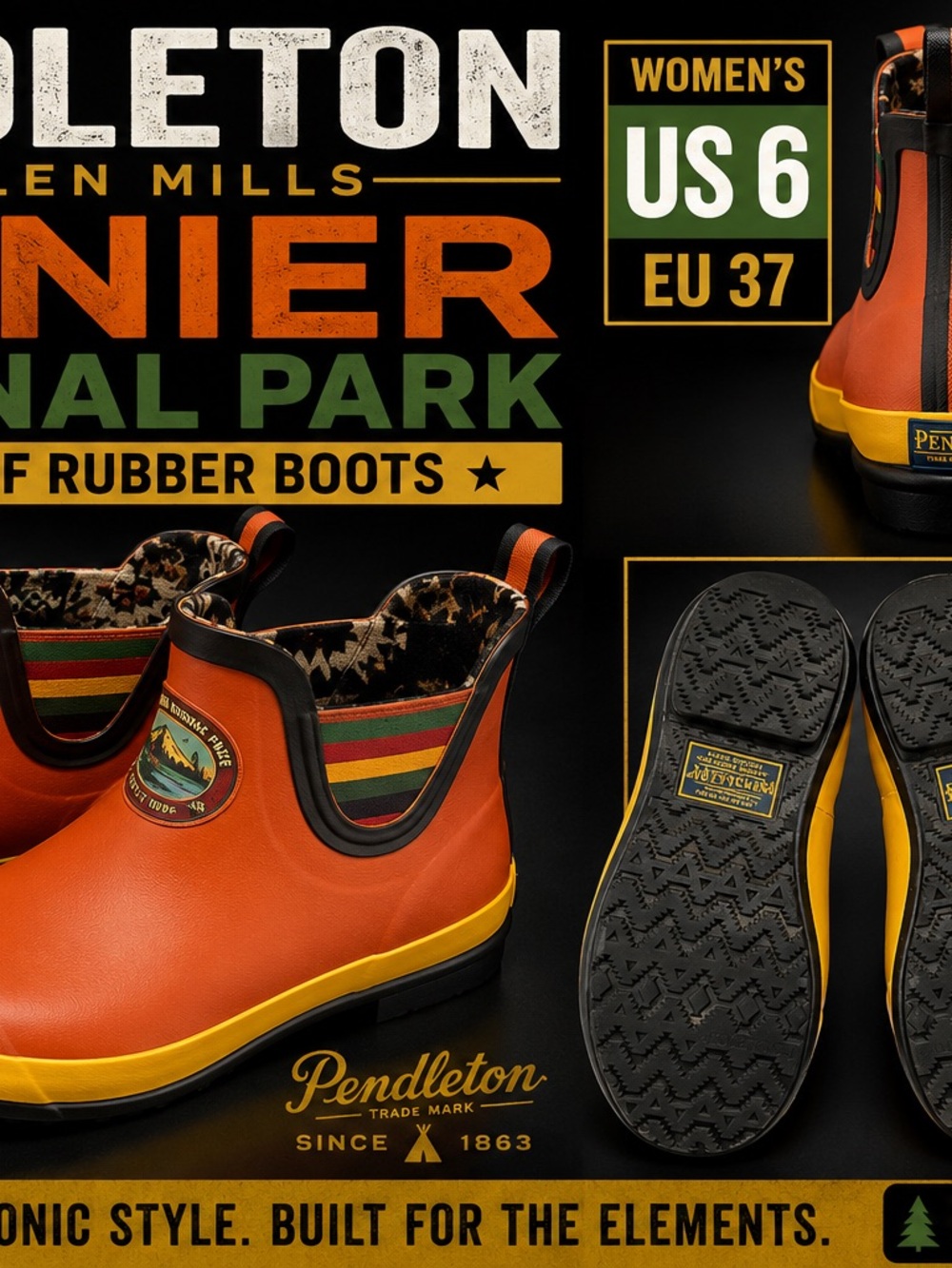 Pendleton Orange and Yellow Short Women's Rubber Boots